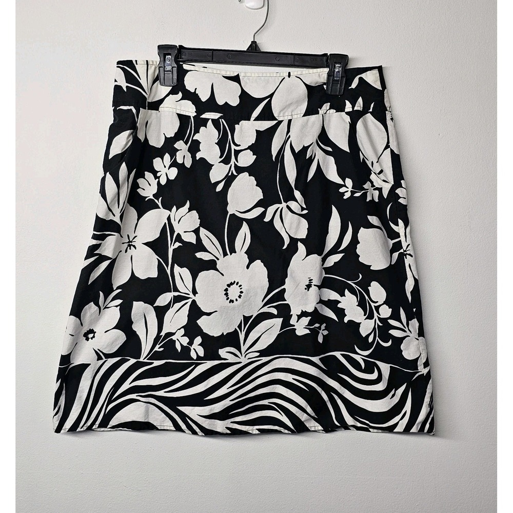 Kari NY Skirt Womens 14 Hawaiian Floral Black White Zip Lined Cotton A-line‎